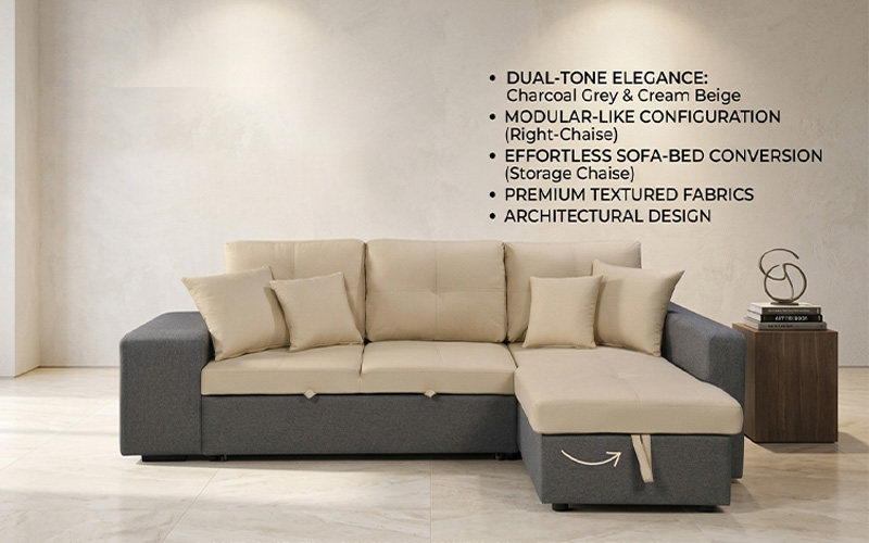 Vienna Two-Tone Convertible L-Shaped Sofa Bed with Storage Chaise (Brown)